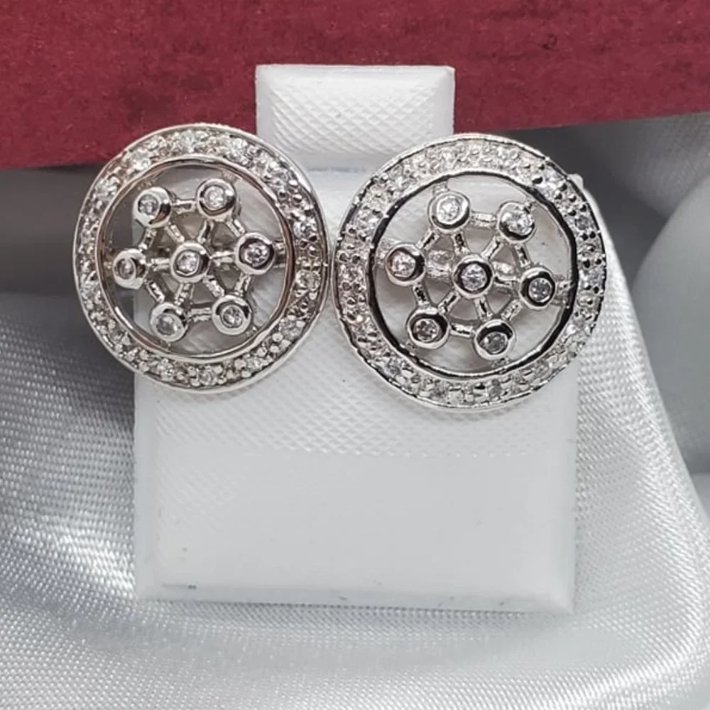 Sterling Silver 925 Rhodium Plated Round Helm Wheel CZ Stud Earrings